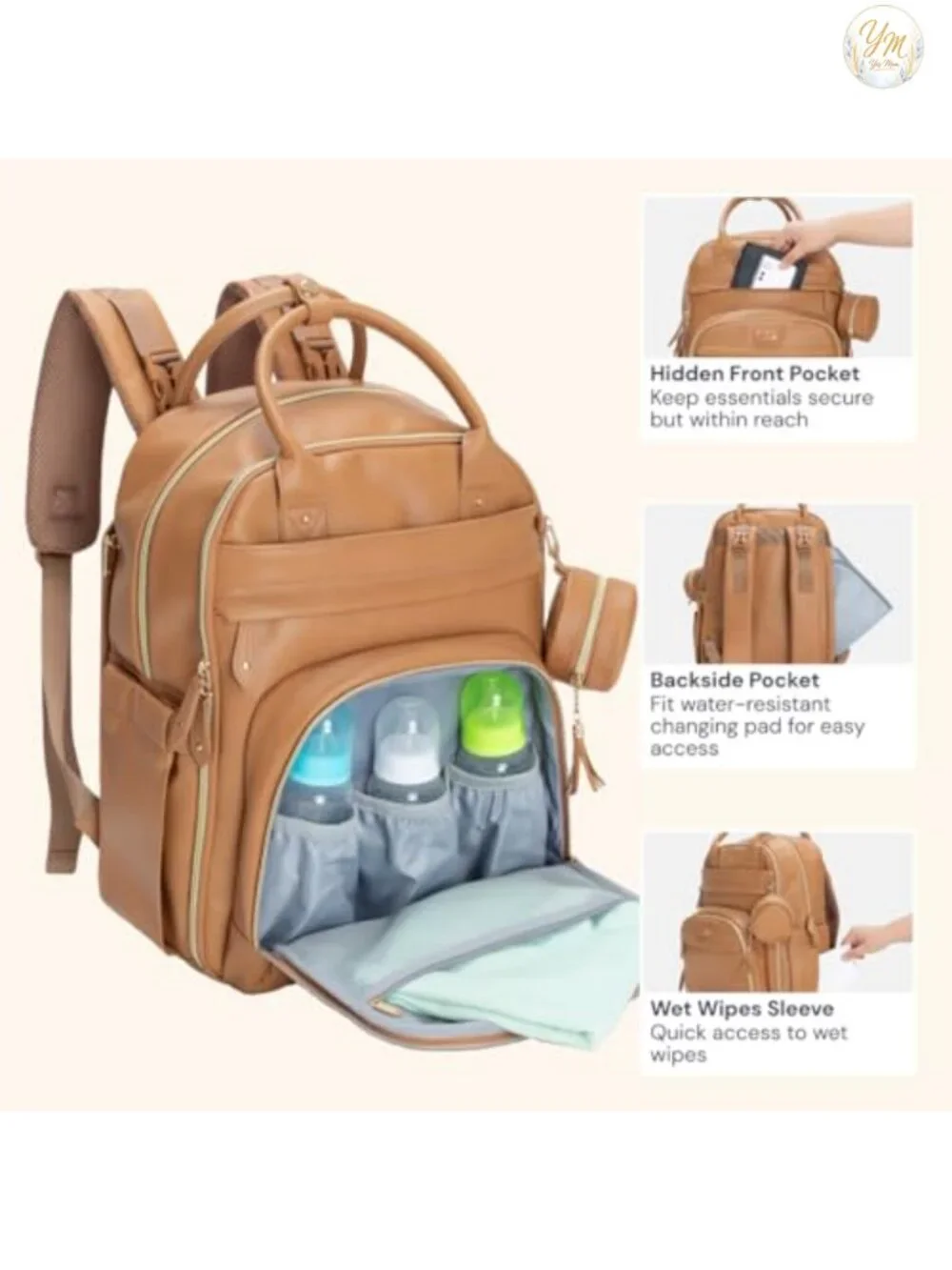 Vegan Leather Diaper Bag Backpack with Changing Pad & Stroller Straps